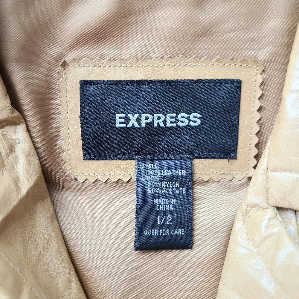 Express Y2K Tan Genuine Leather Vintage Belted Trench Coat - Picture 11 of 11